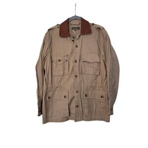 J.L. Powell Khaki Safari Cargo Leather Collar Cotton Tan Jacket, Men's Medium